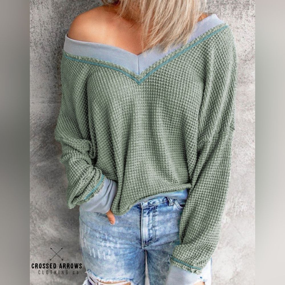 COPY - Gorgeous green and blue waffle knit off the shoulder sweater in size sm …